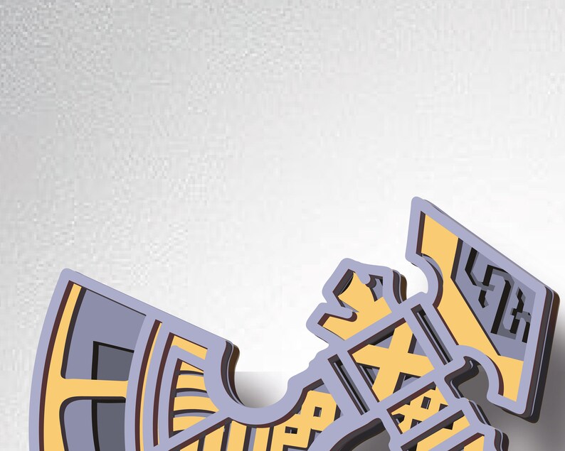 May include: A layered, abstract design with a geometric pattern in shades of purple, yellow, and brown. The design is reminiscent of a stylised bird or animal.