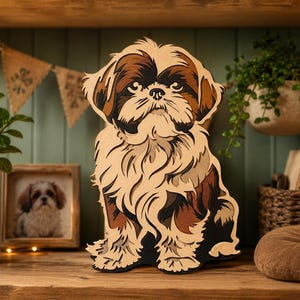 Op de afbeelding: Een gelaagd houten wandkunstwerk in de vorm van een Shih Tzu hond, met ingewikkelde uitsparingen in tinten crème, beige, bruin en zwart om een dimensionaal portret van het dier te creëren met gedetailleerde vachtstructuren en gezichtskenmerken.