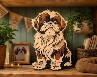 May include: A layered wooden wall art piece shaped like a Shih Tzu dog, featuring intricate cutouts in shades of cream, tan, brown, and black to create a dimensional portrait of the animal with detailed fur textures and a distinct facial expression.