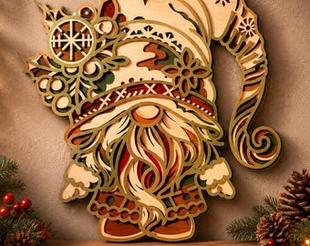 May include: A multi-layered wooden wall art piece shaped like a gnome with a long beard, wearing a tall, curved hat decorated with snowflake cutouts. The design features intricate laser-cut details in shades of natural wood, red, and green.