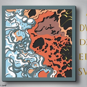 May include: Square abstract art piece with a layered design. The artwork features a combination of colors, including orange, blue, white, and gray, with a dark gray frame. The right side of the image has the text "AI, DWG, DXF, EPS, SVG".