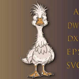 May include: A cartoon illustration of a white goose with a surprised expression. The goose has a long neck, orange beak and feet, and a spiky crest. The image includes text: AI, DWG, DXF, EPS, SVG.