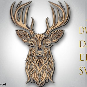 Herten meerlaagse Svg, herten 3D-laag Svg, lasergesneden, papier gesneden, herten DXF, herten voor CNC, houtsnede herten mandala, herten Lightburn, Svg-bestanden, woondecoratie