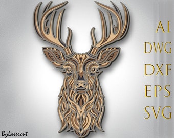 Deer Multilayer Svg,Deer 3D Layer Svg ,Laser Cut,Paper cut,Deer DXF,Deer for Cnc,Deer mandala wood cut,Deer  Lightburn,Svg Files,Home Decor