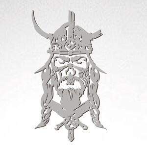 May include: A gray silhouette of a Viking warrior wearing a horned helmet with intricate details. The warrior has a long beard and braided hair. The image is a stylized representation of a Viking warrior.
