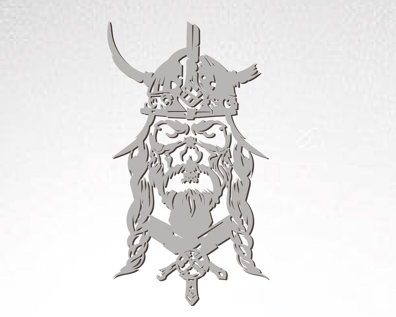 May include: A gray silhouette of a Viking warrior wearing a horned helmet with intricate details. The warrior has a long beard and braided hair. The image is a stylized representation of a Viking warrior.