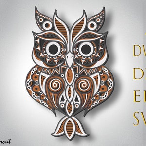 Gufo multistrato Svg, gufo 3D Layer Svg, taglio laser, taglio carta, gufo DXF, gufo per CNC, gufo mandala taglio legno, gufo Lightburn, file Svg, gufo Home Decor