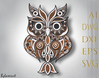 Owl multilayer SVG,Laser cut file,Paper cut,3D Layered design,Mandala plywood,CNC