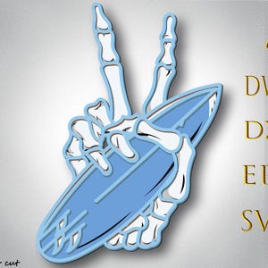 May include: A layered, light blue and white graphic of a skeleton hand making a peace sign while holding a light blue surfboard. The image includes the text "AI, DWG, DXF, EPS, SVG" in gold lettering. The text "Bylaser cut" is in the bottom left corner.