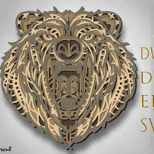 Mandala beer meerlaagse SVG, grizzlybeer lasergesneden, 3D-mandala papier gesneden, 3D-mandala, beer voor cnc, beer sjabloon voor het snijden van multiplex, woondecoratie