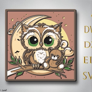 Hibou mignon 3D multicouche Svg, calque 3D hibou, découpe laser, papier découpé, hibou DXF, hibou pour CNC, hibou mandala découpé sur bois, hibou Lightburn, animaux mignons