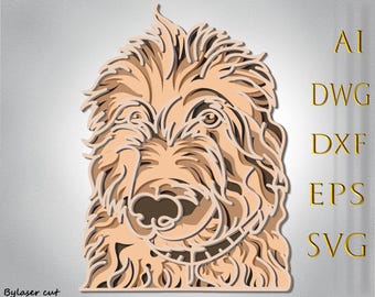 May include: A detailed, layered, laser-cut design of a dog's head. The dog has a light brown, shaggy coat and a black collar. The design is perfect for creating a unique and personalized home decor piece.
