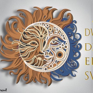 File svg di mandala 3D Sole e Luna, pannello multistrato per taglio laser, file SVG, modelli DXF per router CNC