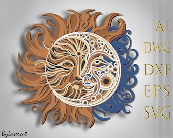 Sun and Moon 3D Mandala svg files, Multilayer Panel for Laser Cutting, SVG files, DXF Templates for CNC router