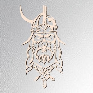 May include: A line art illustration of a Viking warrior with a horned helmet, beard, and a sword. The image is in black and white and has a textured background.