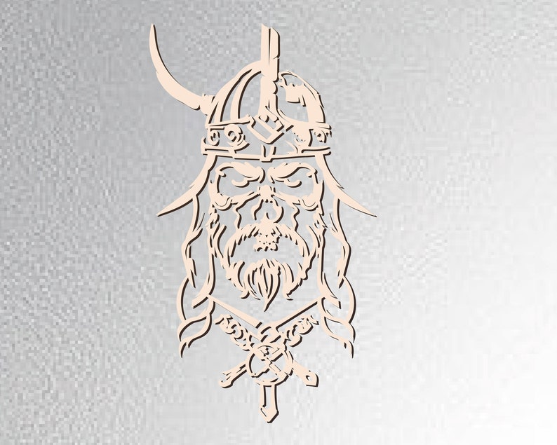 May include: A line art illustration of a Viking warrior with a horned helmet, beard, and a sword. The image is in black and white and has a textured background.