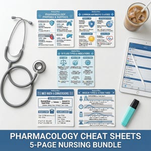 May include: A collection of pharmacology cheat sheets, featuring medical information on prefixes, suffixes, antibiotics, IV fluids, and insulin types. Includes a stethoscope, a tablet, and a highlighter. The text reads "PHARMACOLOGY CHEAT SHEETS 5-PAGE NURSING BUNDLE."