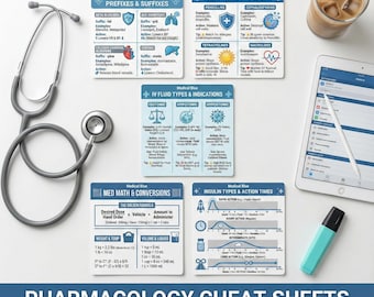 Pharmacology Nursing Cheat Sheets | Med Math, Insulin, Antibiotics, IV Fluids | NCLEX Study Guide | Nursing School Notes Bundle | PDF