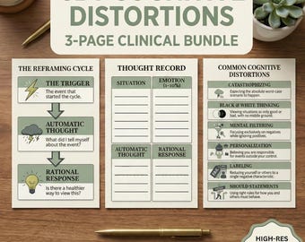 CBT Cognitive Distortions Bundle | Therapy Office Decor & Clinical Cheat Sheets | Counselor Tools, School Psychologist, Mental Health Poster