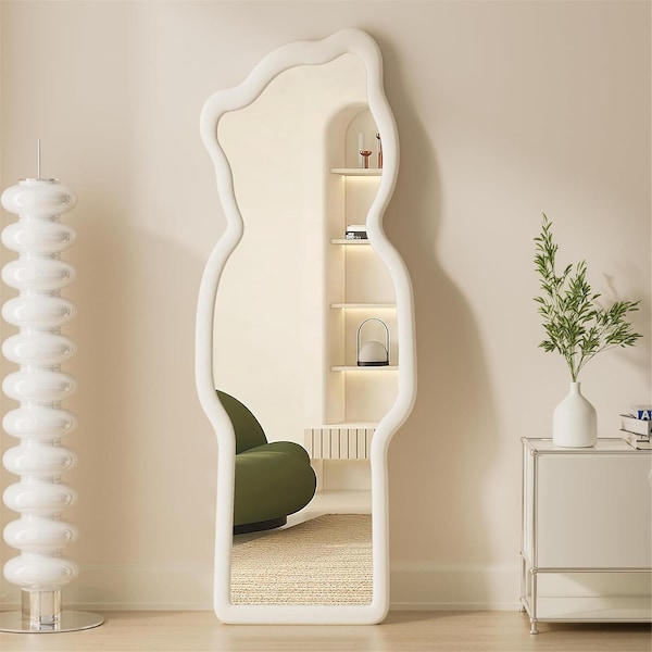 Full Length Mirror, Floor Mirror with Stand, 63"x24" Wall Mirror Full Length, Freestanding Mirror Hanging or Leaning,  (Bear White)