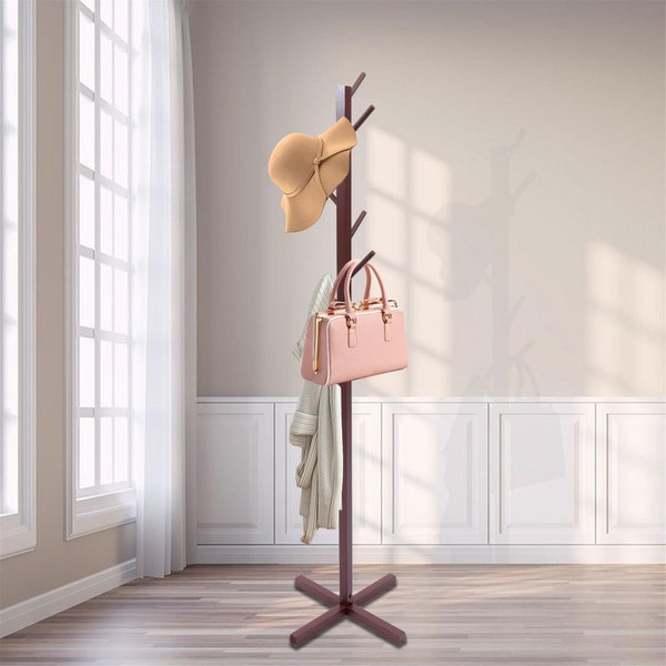 Wooden Coat Rack Stand Entryway Hall Tree Umbrella Holders 8 Hooks Organizer