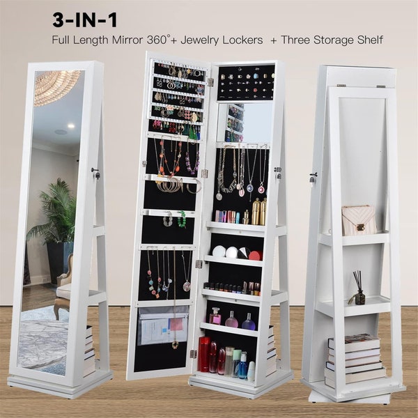 Jewelry 65" H,Full Length Mirror 360 Swivel, Storage Shelves, Lockable Standing Jewelry Cabinet Organizer with Large Storage  (white)