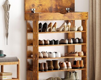 5-Tier Wooden Shoe Rack with Storage Cabinet, 29.5 inches Vertical Free Standing Shoe Shelf, Shoe Organizer , Rustic Brown