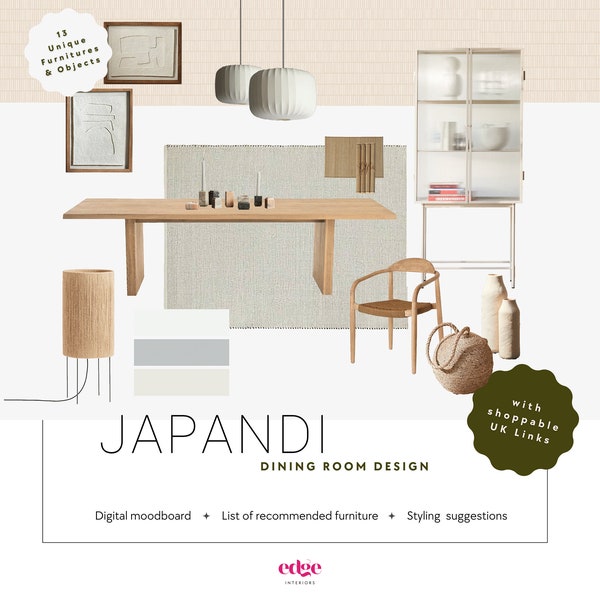 Japandi Dining Room Design, UK, Predesigned Interior E-Design, Soft Colors Digital Interior Design Board, Moodboard, Product Shopping List.