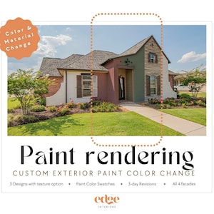 May include: A before and after image showing a house with a custom exterior paint colour change. The image shows the house with the original colour scheme and then with a new colour scheme. The text on the image reads "Paint rendering CUSTOM EXTERIOR PAINT COLOUR CHANGE 3 Designs with texture option + Paint Colour Swatches + 3-day Revisions + All 4 facades edge INTERIORS"