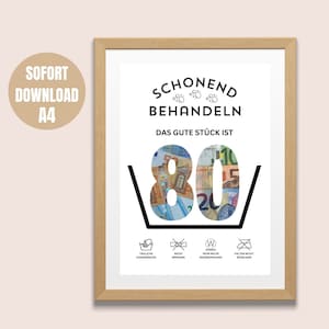 Geburtstag Geldgeschenk 80 Jahre Vorlage zum Selbstausdrucken | Lustige Geldgeschenk | Schonend behandeln - Das Gute Stück ist 80 | PDF A4 |