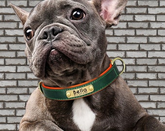 Colliers pour chien en cuir personnalisés : personnalisés avec le nom du bouledogue français, du boxer, du berger allemand, du golden retriever, du husky et plus.