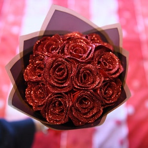 Glitter Eternal Rose Bouquet, Ribbon Rose Bouquet, Handmade Fake Flower Bouquet, Rose Bouquet, Ramo Buchon, Birthday Bouquet