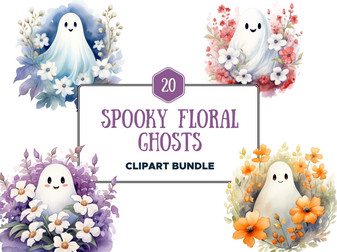 Spooky Floral Ghosts Clipart Bundle 20 Watercolor Halloween PNG Bundle ...