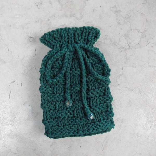 Small Drawstring Pouch, Small Hand Knit Bag, Reusable Gift Pouch, Dice Bag, Amulet Pouch, Teal Basketweave