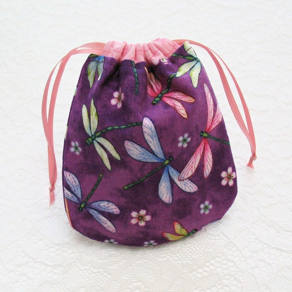 Small Lined Drawstring Bag, Purple Dragonflies Drawstring Pouch, Small Rounded Gift Pouch, Reusable Gift Bag