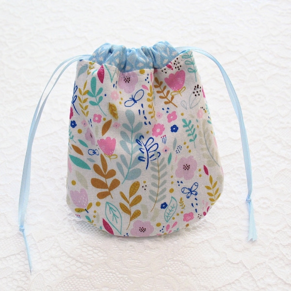 Reusable Drawstring Gift Bag, Flowers and Butterflies, Small Drawstring Pouch