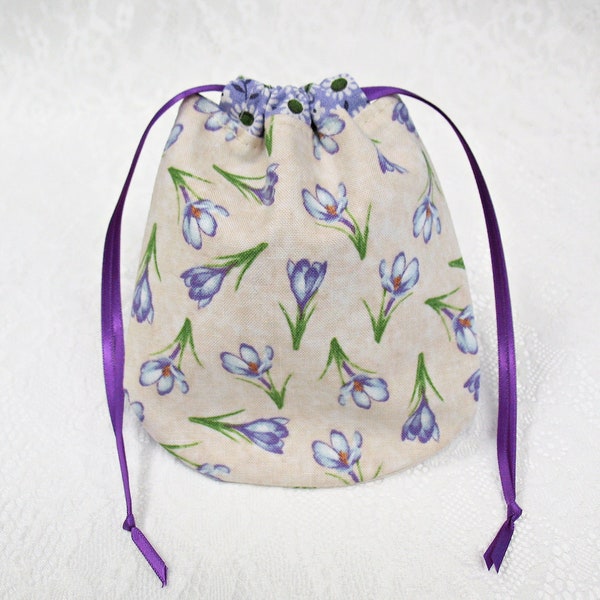 Small Lined Drawstring Bag with Purple Flowers, Small Rounded Reusable Gift Pouch