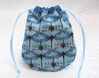 Small Lined Drawstring Pouch with Dragonflies, Little Blue Drawstring Gift Bag