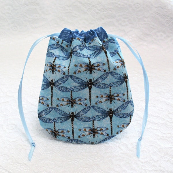 Small Lined Drawstring Pouch with Dragonflies, Little Blue Drawstring Gift Bag
