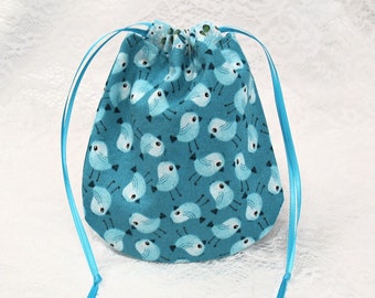 Small Lined Drawstring Pouch with Blue Birds, Little Reusable Drawstring Gift Bag