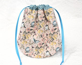 Small Lined Drawstring Bag with Little Birds, Small Rounded Reusable Gift Pouch