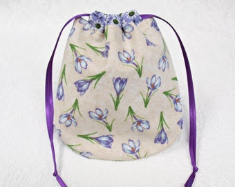 Small Lined Drawstring Bag with Purple Flowers, Small Rounded Reusable Gift Pouch