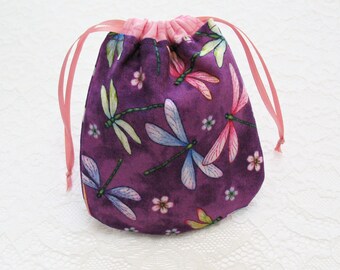 Small Lined Drawstring Bag, Purple Dragonflies Drawstring Pouch, Small Rounded Gift Pouch, Reusable Gift Bag