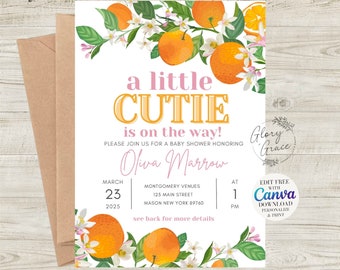 A Little Cutie Is On The Way | Baby Shower Invitation Template | Printable invitations | Canva Pro Template