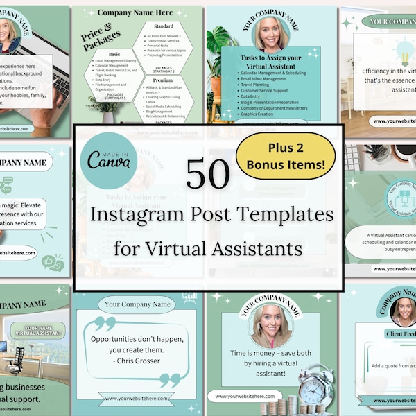 Virtual Assistant Instagram Bundle: Canva template for Virtual Assistants. Ready to launch? 50 posts + Branding Cheat Sheet & Logo Template.