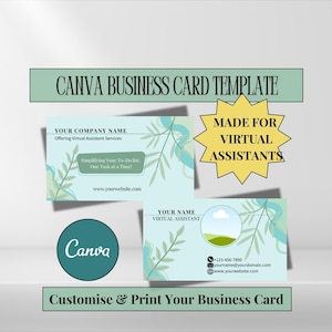 May include: A Canva business card template for virtual assistants. The template features a light blue background with green leaves and a white cloud. The text "MADE FOR VIRTUAL ASSISTANTS" is in a yellow starburst. The text "YOUR COMPANY NAME" and "YOUR NAME" are in black text. The text "Offering Virtual Assistant Services" and "VIRTUAL ASSISTANT" are in gray text. The text "Simplifying Your To-Do list, One Task at a Time" is in a white circle with a black border. The text "www.yourwebsite.com" is in black text. The text "-123-456-7890", "yourname@yourdomain.com", and "www.yourwebsite.com" are in black text. The text "Customise & Print Your Business Card" is in green text.