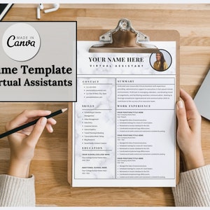 A Canva resume template for Virtual Assistants. Includes a VA Summary, contact info, skills, education, and past work experience.
