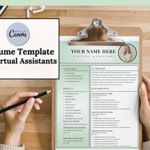 A Canva resume template for Virtual Assistants. Includes a VA Summary, contact info, skills, education, and past work experience.