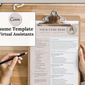 A Canva resume template for Virtual Assistants. Includes a VA Summary, contact info, skills, education, and past work experience.