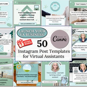May include: A collage of 10 Instagram post templates for virtual assistants. The templates feature a variety of colors and designs, including blue, green, and pink. The text on the templates includes phrases like "Launch Your VA Business!" and "50 Instagram Post Templates for Virtual Assistants".